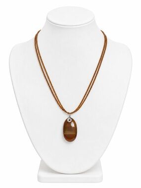 Amber Tone Seed Bead & Agate Pendant Adjustable Necklace